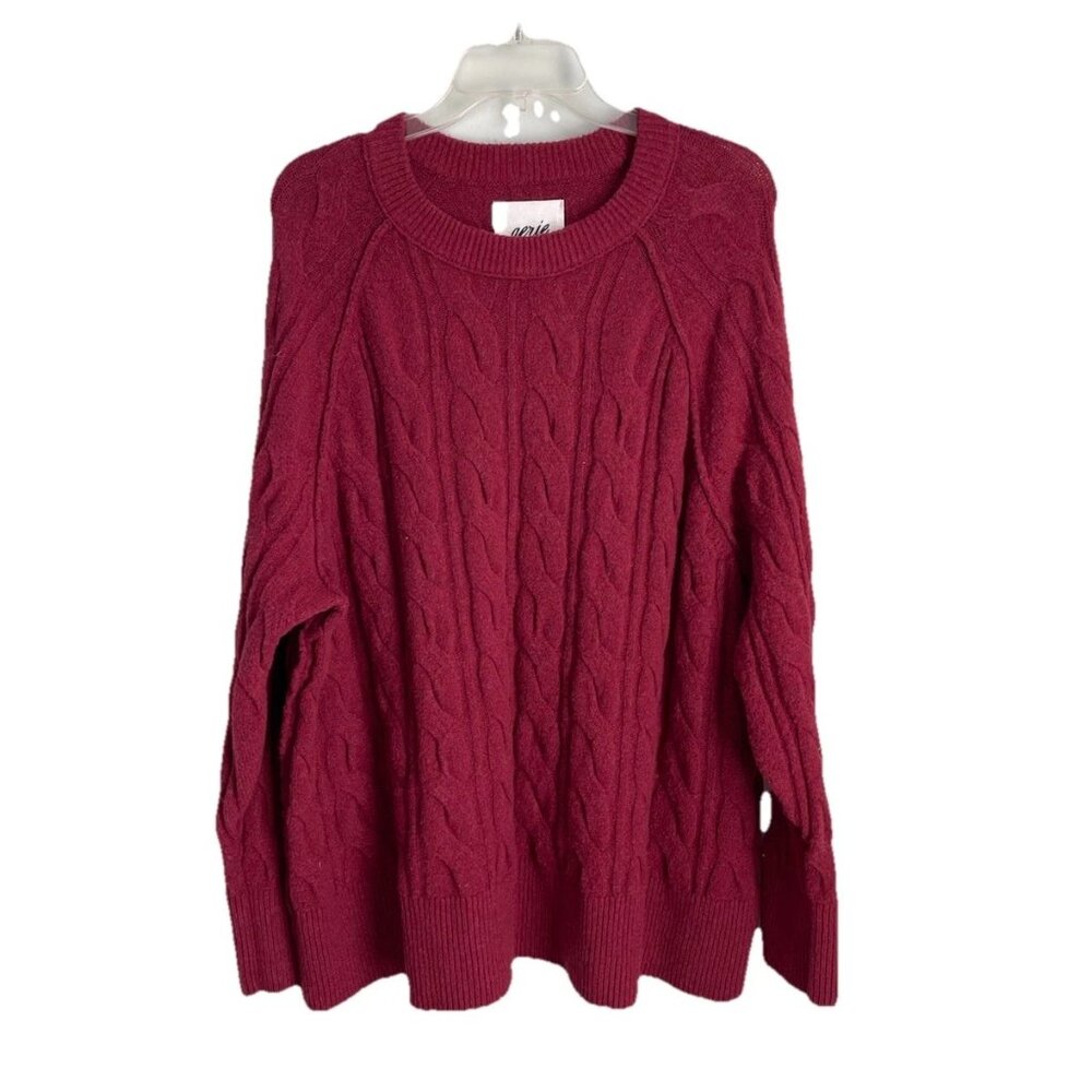 Aerie Red Unreal Cable Crew Sweater Long Sleeve Oversized